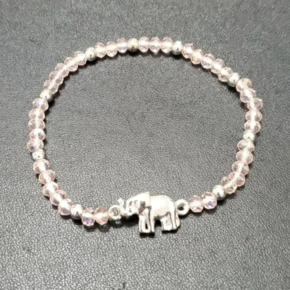 Pink glass beaded elephant bracelet 6.75